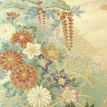 Load image into Gallery viewer, Fukuro Obi Gold Green Pink Peony Maple Leaf Chrysanthemum Silk BB215V3

