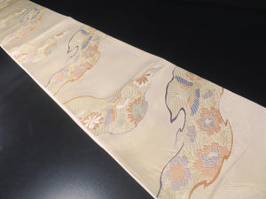 Fukuro Obi Vintage(1950-1980) Gold Crane Peony Kiku Michinagadori Silk BB57W4