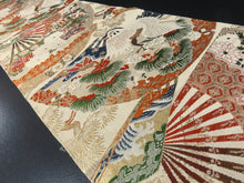 Load image into Gallery viewer, BB8300AE Silk Obi Fabric Vintage(1920-1950) Crane Birds Folding Fan Blue Green 65.0x12.6in(165x32cm)
