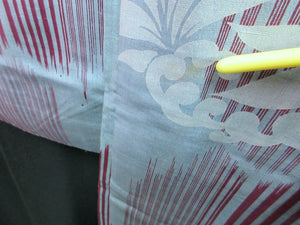 Haori Jacket Vintage(1920-1950) Light Blueish Gray Wine red Black Leaf Long Silk #7618H4