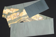Load image into Gallery viewer, Fukuro Obi Greenish Gray Gold Crane Birds Plum blossom Silk BB152W9
