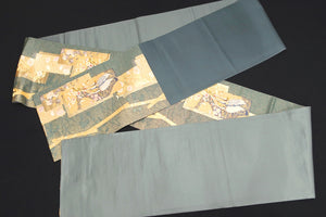 Fukuro Obi Greenish Gray Gold Crane Birds Plum blossom Silk BB152W9