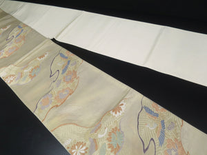 Fukuro Obi Vintage(1950-1980) Gold Crane Peony Kiku Michinagadori Silk BB57W4