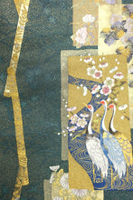 Load image into Gallery viewer, Fukuro Obi Greenish Gray Gold Crane Birds Plum blossom Silk BB152W9
