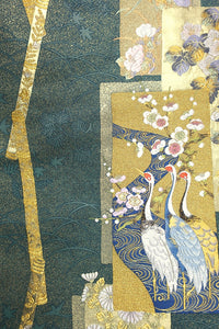 Fukuro Obi Greenish Gray Gold Crane Birds Plum blossom Silk BB152W9