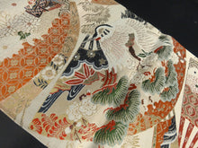 Load image into Gallery viewer, BB8300AE Silk Obi Fabric Vintage(1920-1950) Crane Birds Folding Fan Blue Green 65.0x12.6in(165x32cm)
