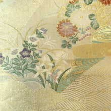 Load image into Gallery viewer, Fukuro Obi Gold Green Pink Peony Maple Leaf Chrysanthemum Silk BB215V3
