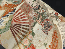 Load image into Gallery viewer, BB8300AE Silk Obi Fabric Vintage(1920-1950) Crane Birds Folding Fan Blue Green 65.0x12.6in(165x32cm)
