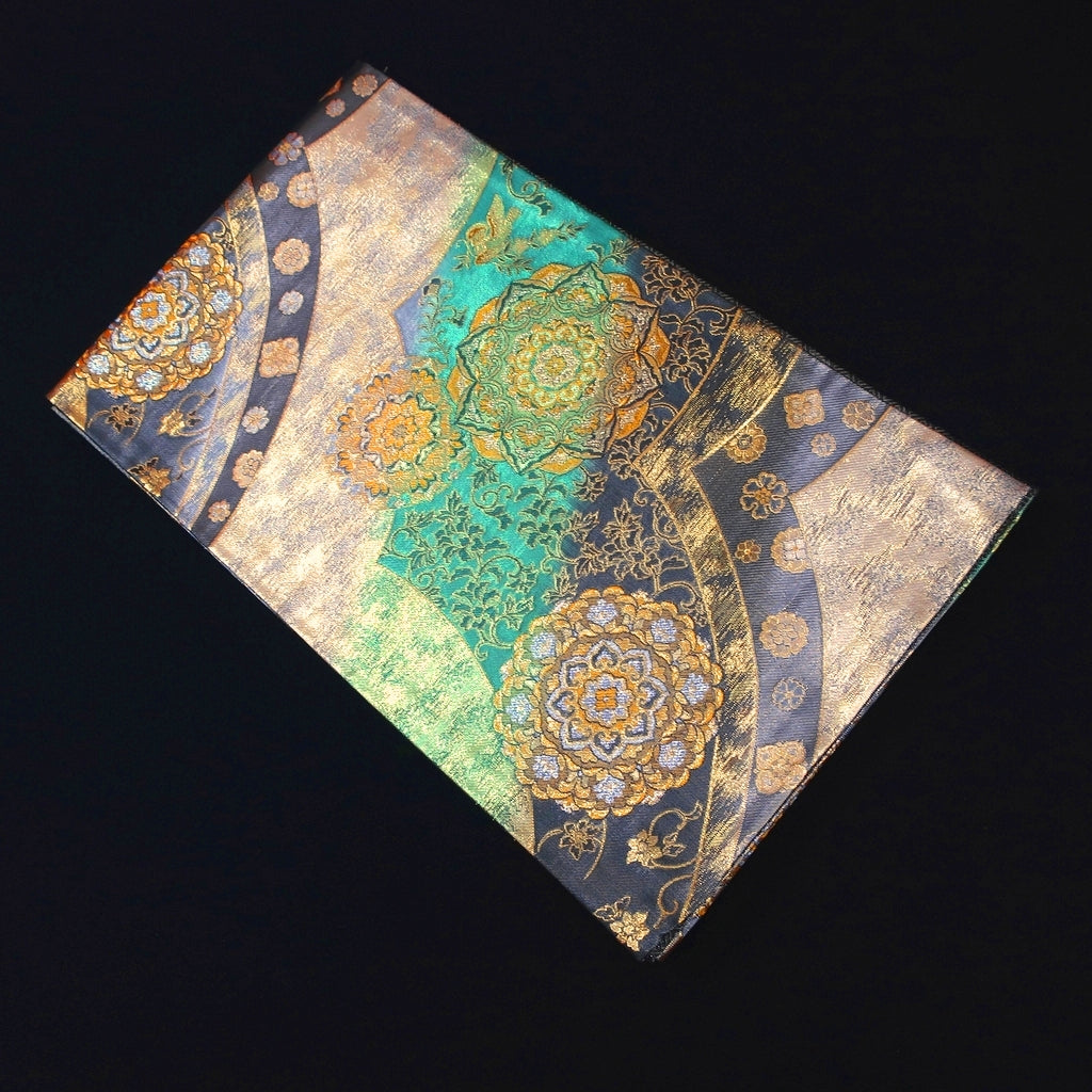 Fukuro Obi Vintage(1950-1980) Green Gold Silver Flower Birds Silk BB191V2