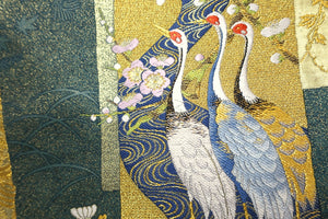 Fukuro Obi Greenish Gray Gold Crane Birds Plum blossom Silk BB152W9
