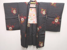 Load image into Gallery viewer, Haori Jacket Vintage(1920-1950) Black Peony Chrysanthemum Omeshi Long Silk #7619H4
