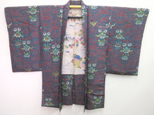 Load image into Gallery viewer, Haori Jacket Vintage(1920-1950) Grayish Blue Red Botanical Silk #8223B4
