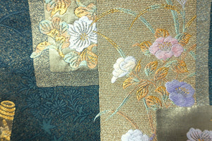 Fukuro Obi Greenish Gray Gold Crane Birds Plum blossom Silk BB152W9