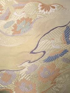 Fukuro Obi Vintage(1950-1980) Gold Crane Peony Kiku Michinagadori Silk BB57W4