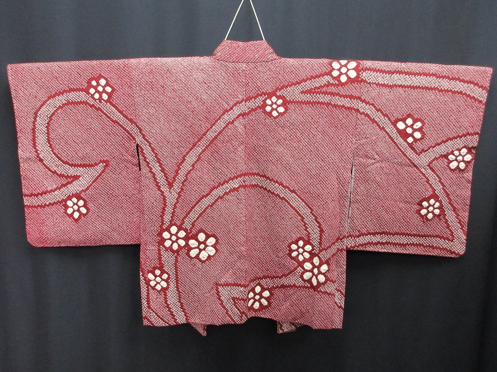Haori Jacket Vintage(1950-1980) Wine red Full Shibori Branch Flower Silk #7872L4