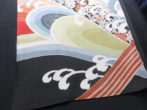 BCF#2765 Silk Tomesode Fabric Vintage(1950-1980) Flower Black 95cm (37.4in)