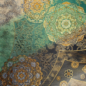 Fukuro Obi Vintage(1950-1980) Green Gold Silver Flower Birds Silk BB191V2