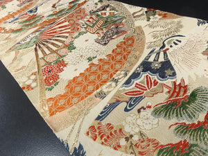 BB8301AE Silk Obi Fabric Vintage(1920-1950) Crane Birds Folding Fan Green Gold 65.0x12.6in(165x32cm)