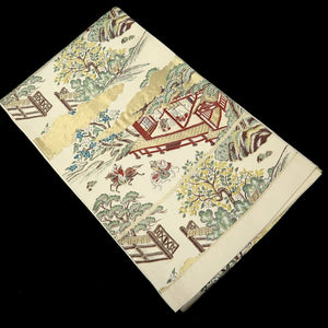 Fukuro Obi Vintage(1950-1980) Gold Green Red Samurai Landscape Silk BB245V4