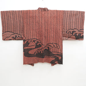 Haori Jacket Vintage(1950-1980) Black Vermillion Shibori Wave Silk #9563H3
