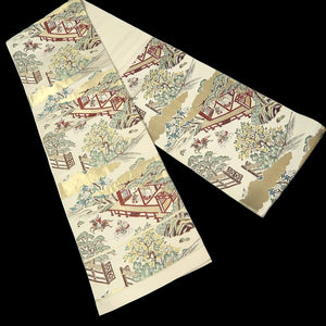 Fukuro Obi Vintage(1950-1980) Gold Green Red Samurai Landscape Silk BB245V4