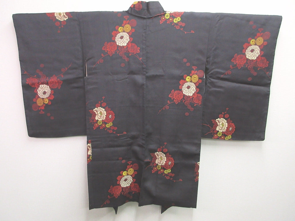 Haori Jacket Vintage(1920-1950) Black Peony Chrysanthemum Omeshi Long Silk #7619H4