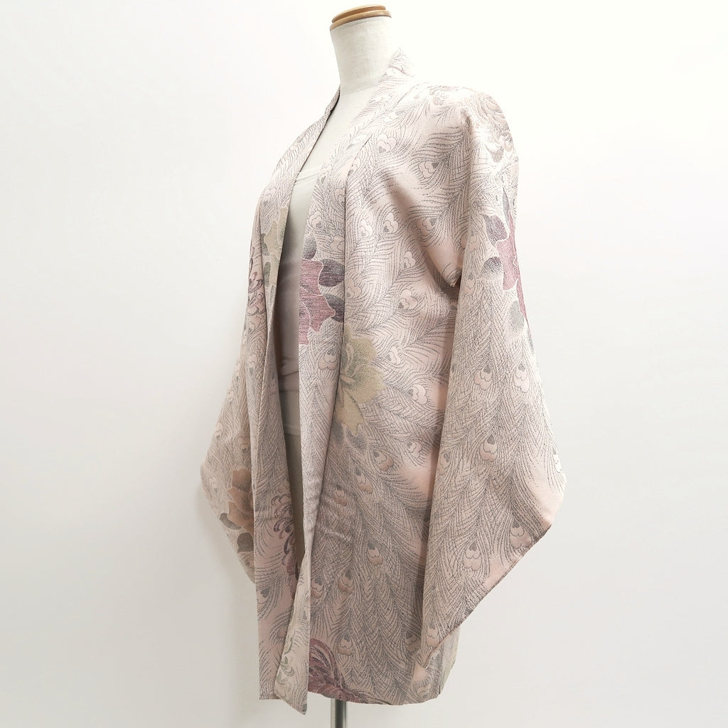 Haori Jacket Vintage 1950 1980 Pink Peacock Feather Silk 9456G4