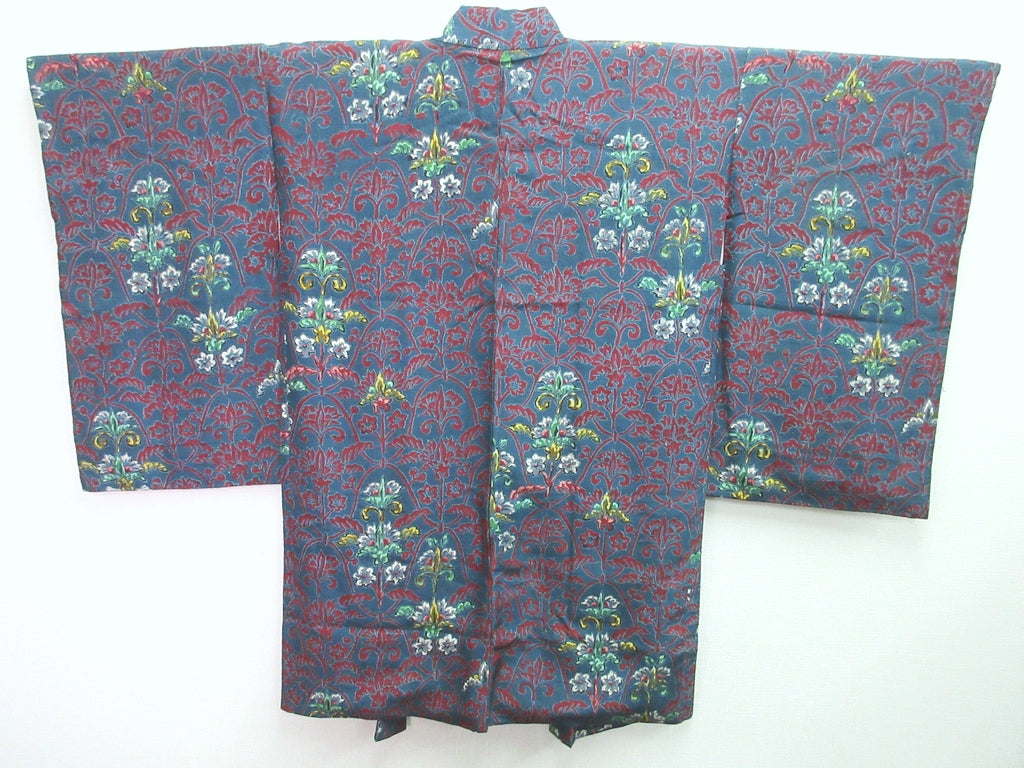 Haori Jacket Vintage(1920-1950) Grayish Blue Red Botanical Silk #8223B4