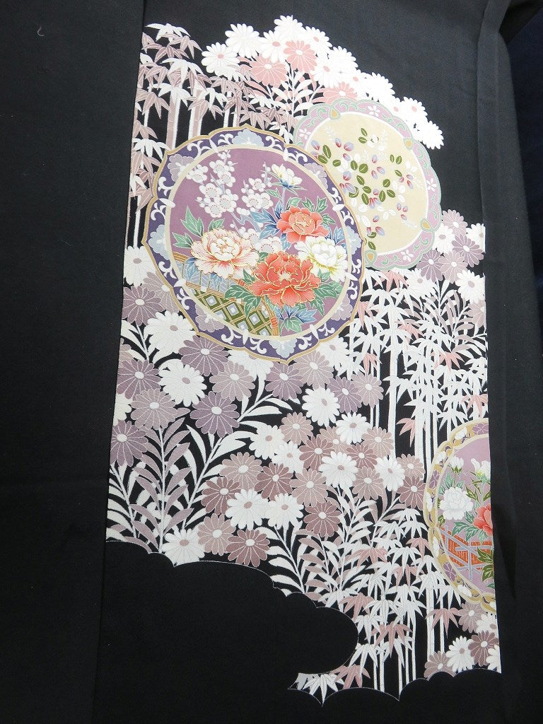 BCF#2766 Silk Tomesode Fabric Vintage(1950-1980) Bamboo Tree Flower Black 75cm (29.5in)