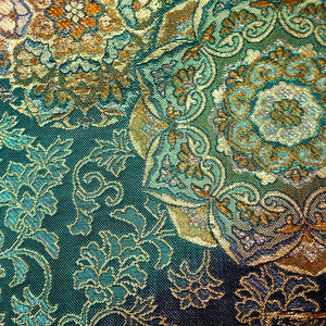 Fukuro Obi Vintage(1950-1980) Green Gold Silver Flower Birds Silk BB191V2