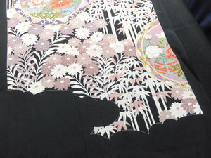 BCF#2766 Silk Tomesode Fabric Vintage(1950-1980) Bamboo Tree Flower Black 75cm (29.5in)
