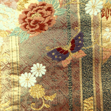 Load image into Gallery viewer, Fukuro Obi Gold Butterfly Peony Chrysanthemum Silk BB216V3
