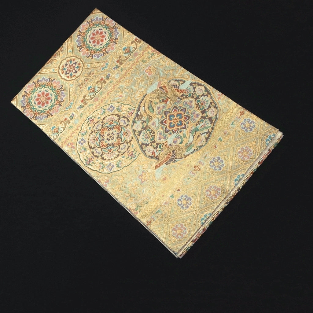 Fukuro Obi Vintage(1950-1980) Gold Birds Flower Shousoin Silk BB192V2