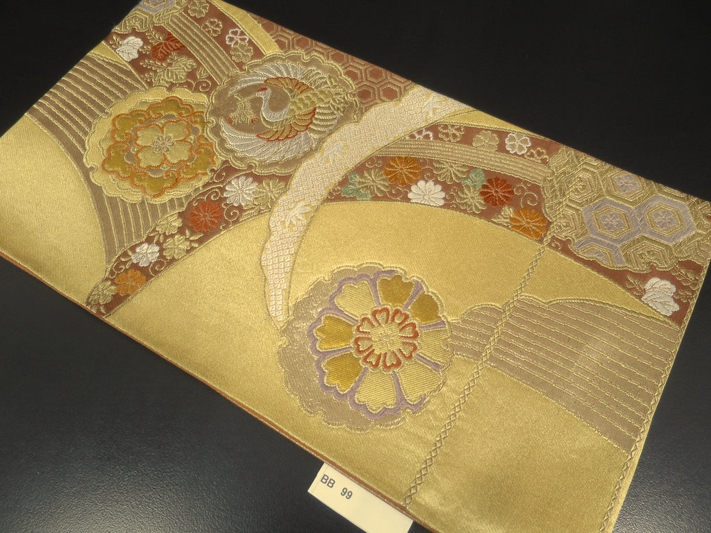 Fukuro Obi Vintage(1950-1980) Gold Crane Birds Chrysanthemum Silk BB99W6