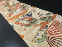 Load image into Gallery viewer, BB8302AE Silk Obi Fabric Vintage(1920-1950) Crane Birds Folding Fan Green Gold 65.0x12.6in(165x32cm)
