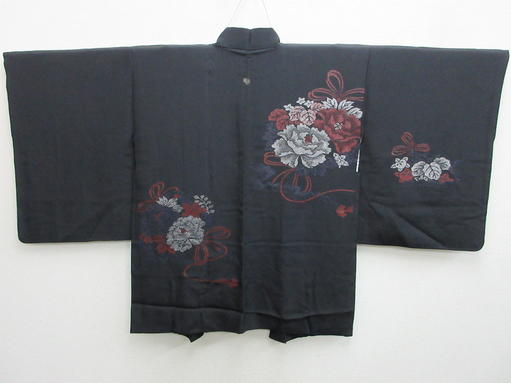 Haori Jacket Vintage(1950-1980) Black Peony Tachibana Urushi Silk #8003N1