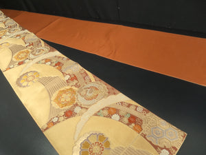 Fukuro Obi Vintage(1950-1980) Gold Crane Birds Chrysanthemum Silk BB99W6