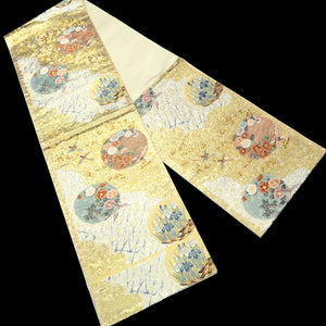 Fukuro Obi Gold Silver Birds Plum blossom Iris Silk BB217V3