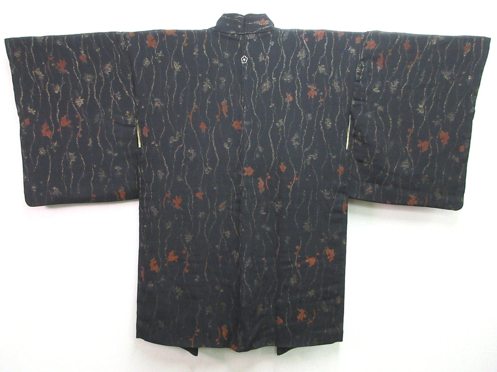 Haori Jacket Vintage(1950-1980) Black Gold Leaf Urushi Silk #7620H4