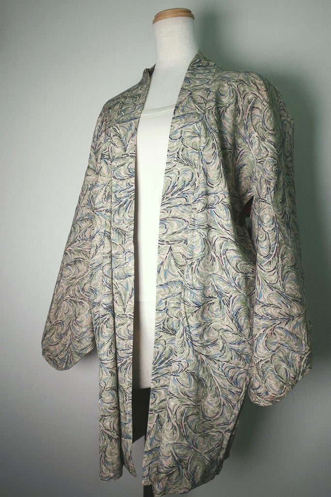 Haori Jacket Vintage(1950-1980) Cream white Mist green Leaf Silk #8601G3