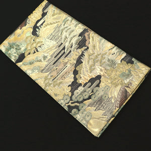 Fukuro Obi Gold Green Landscape Zen Temple Silk BB232V3