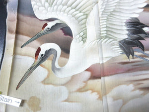 BCF#2923 Silk Tomesode Fabric Vintage(1920-1950) Crane Birds 43.3x13.8in(110x35cm)