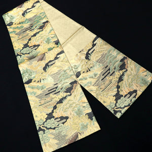Fukuro Obi Gold Green Landscape Zen Temple Silk BB232V3
