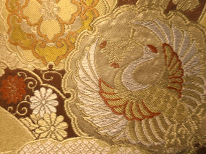 Fukuro Obi Vintage(1950-1980) Gold Crane Birds Chrysanthemum Silk BB99W6