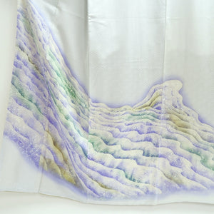 Kimono Light Blueish White Landscape Wave Silk #9364F5