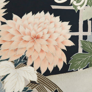 KK1241B5 Silk Tomesode Fabric Vintage(1920-1950) Chrysanthemum Black 39.4x26.4in(100x67cm)