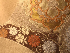Fukuro Obi Vintage(1950-1980) Gold Crane Birds Chrysanthemum Silk BB99W6
