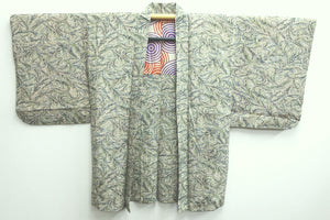 Haori Jacket Vintage(1950-1980) Cream white Mist green Leaf Silk #8601G3