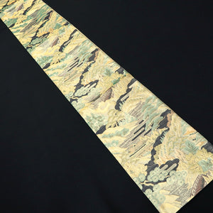 Fukuro Obi Gold Green Landscape Zen Temple Silk BB232V3