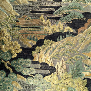 Fukuro Obi Gold Green Landscape Zen Temple Silk BB232V3
